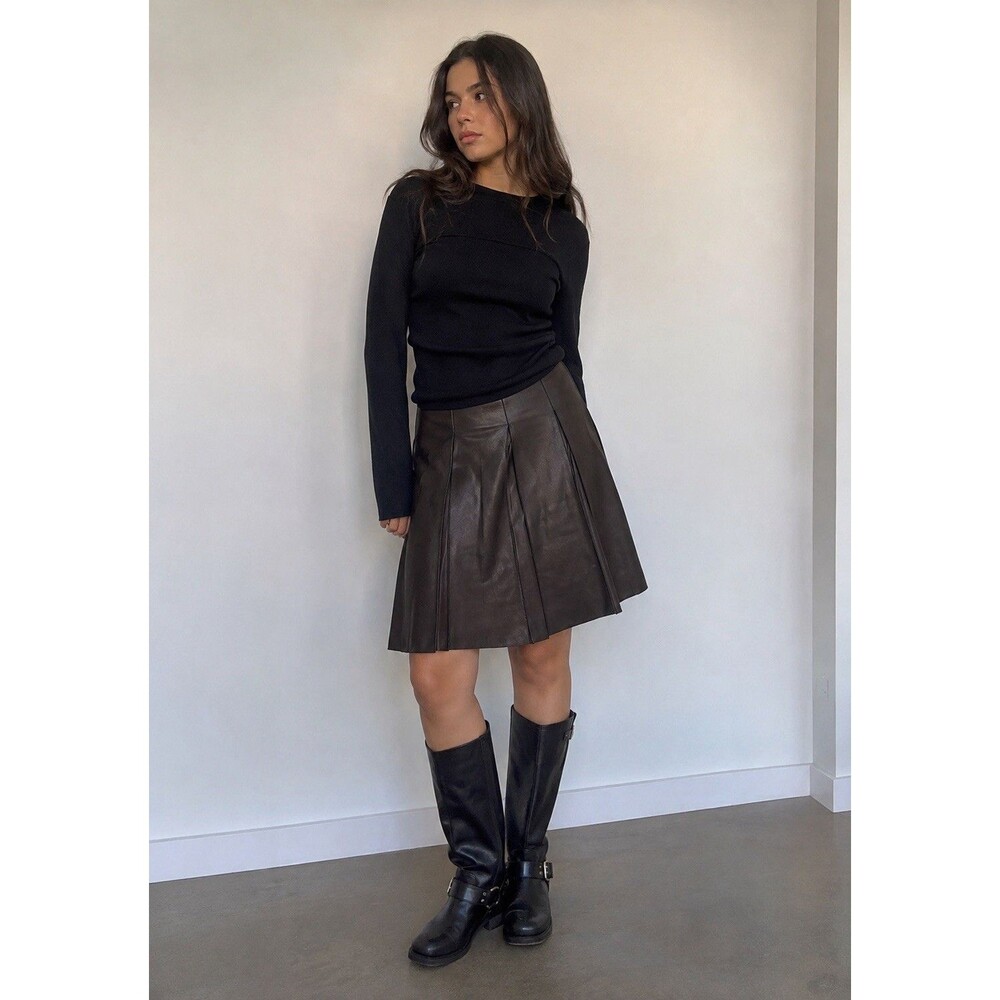 Marc Jacobs Lamb Leather Skirt Sz 2 Brown Pleated A-Line Made Bulgaria Luxury